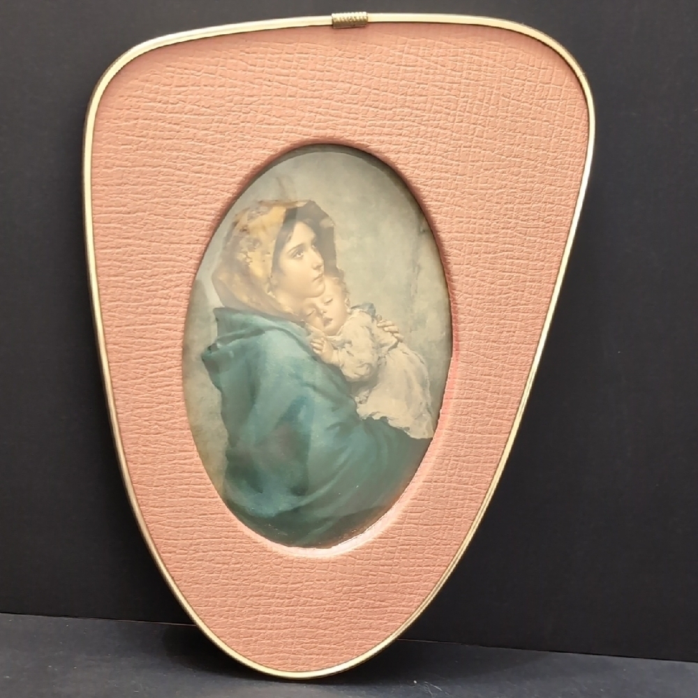 Vintage Rare Beautiful MCM Pink and Gold Framed Mother And Baby Art